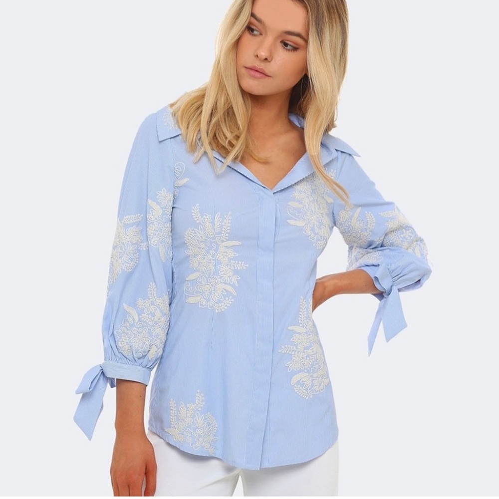 Alice + Olivia Toro blue and white striped embroidered top